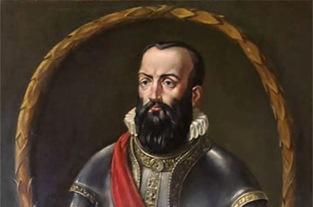 Portret mężczyzny z brodą i kołnierzem, w zbroi i czerwonej szarfie. Może to być portret przedstawiający postać z czasów **Radziwiłł Potop**.