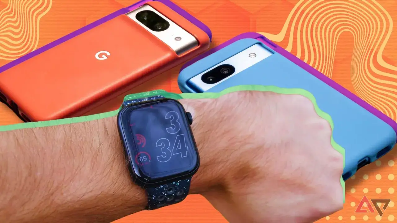 Un Apple Watch en una mu&ntilde;eca, junto a dos tel&eacute;fonos Android con fundas de colores.