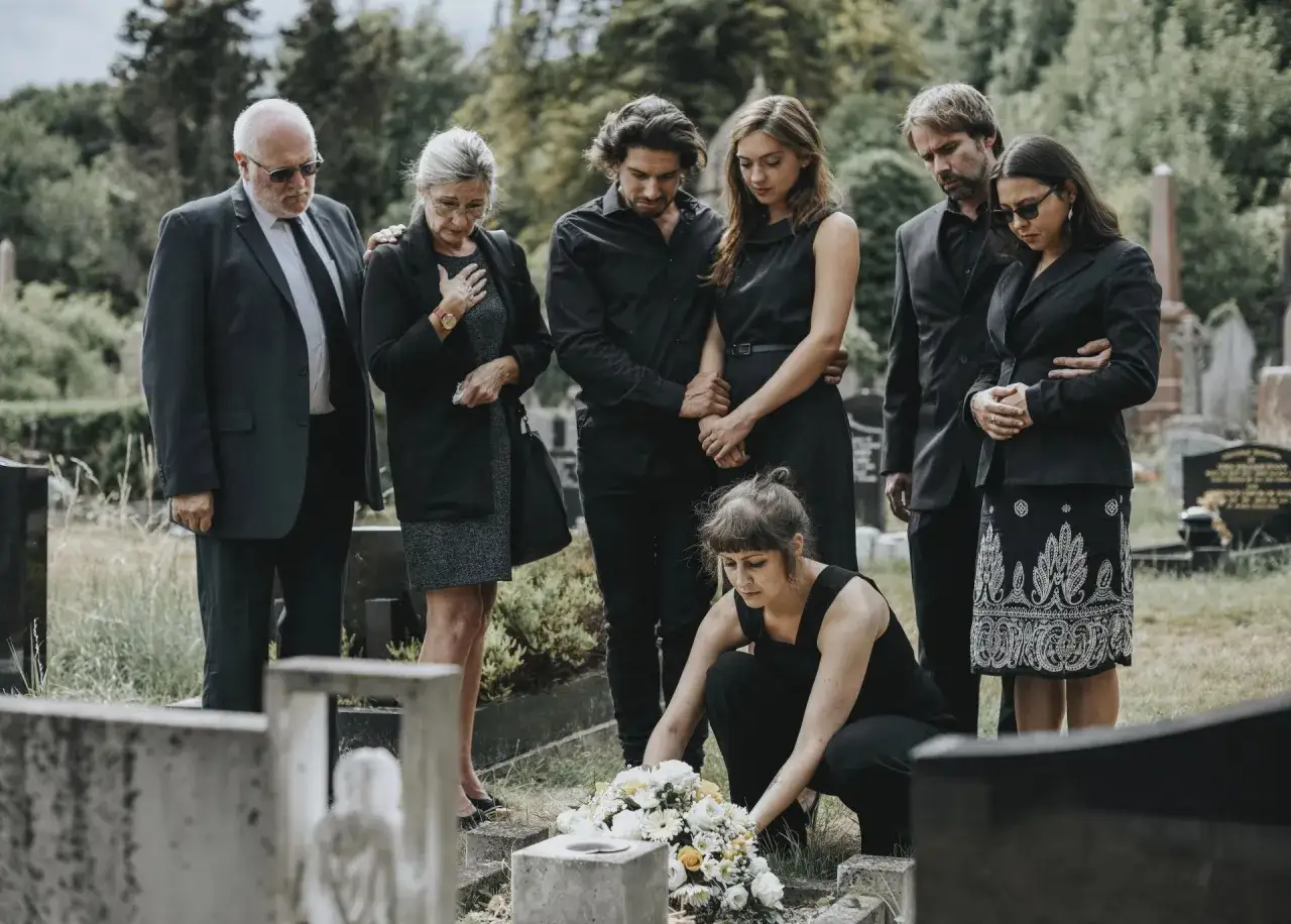 Trauernde Familie in schwarzer Kleidung, beerdigung kleidung frau sommer, legt Blumen auf ein Grab.