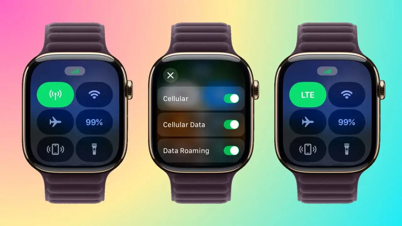 Trzy Apple Watch z włączonymi opcjami komórkowymi, pokazujące konfigurację eSIM i LTE.