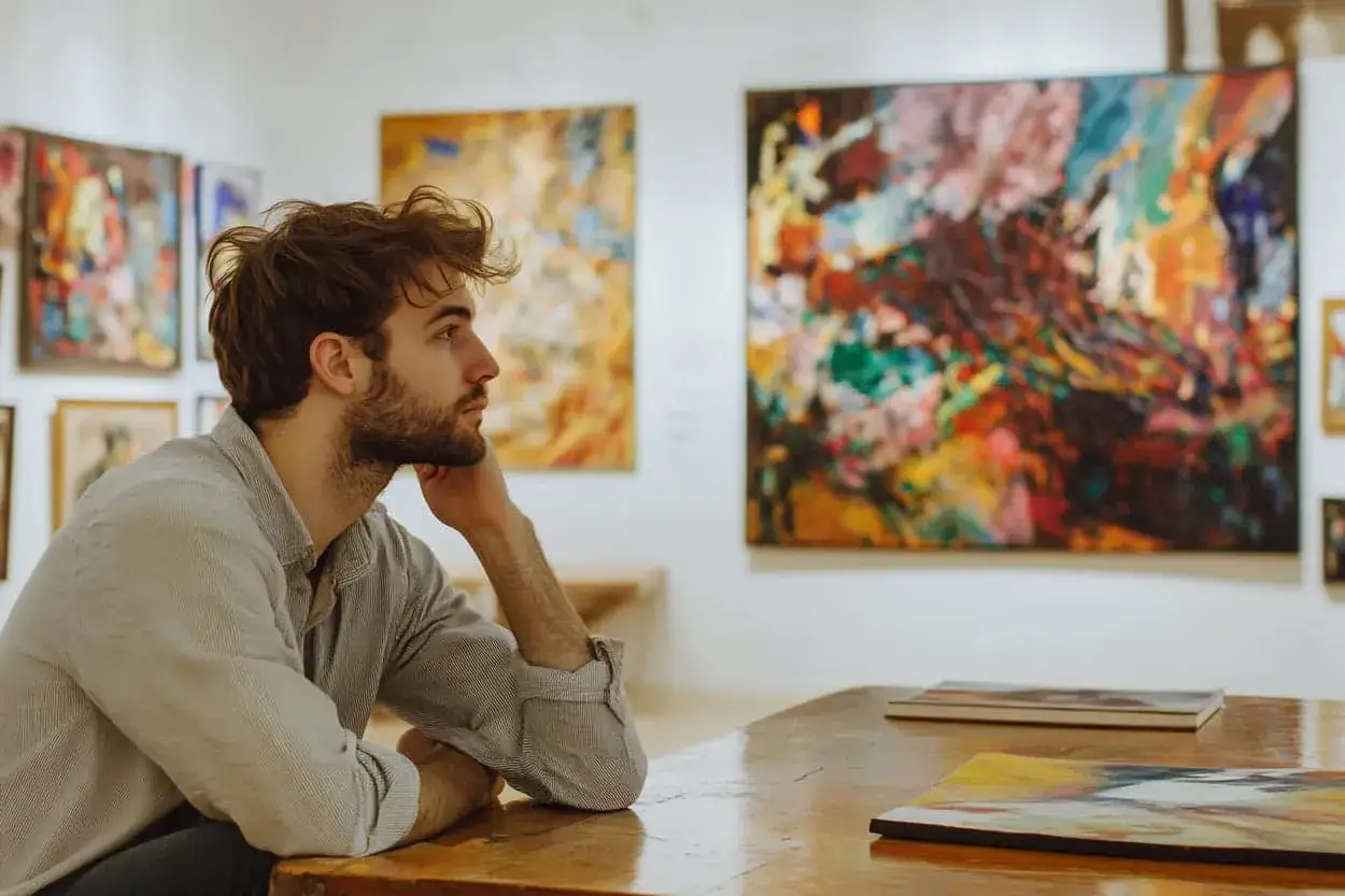 Joven reflexiona en una galería de arte, contemplando las obras. Su mirada profunda sugiere la visión de una curadora de arte analizando cada detalle.