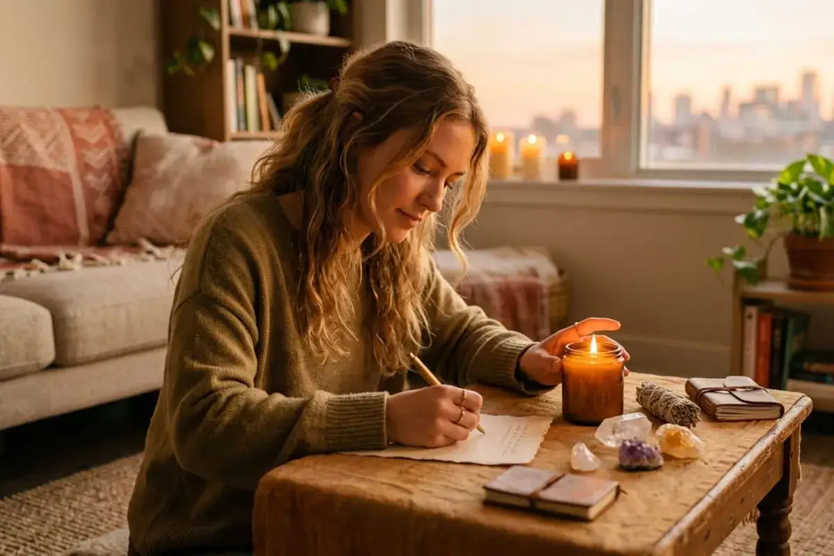 Mujer escribe a la luz de una vela, rodeada de cristales y libros. La luna en Tauro ilumina su momento de introspecci&oacute;n.