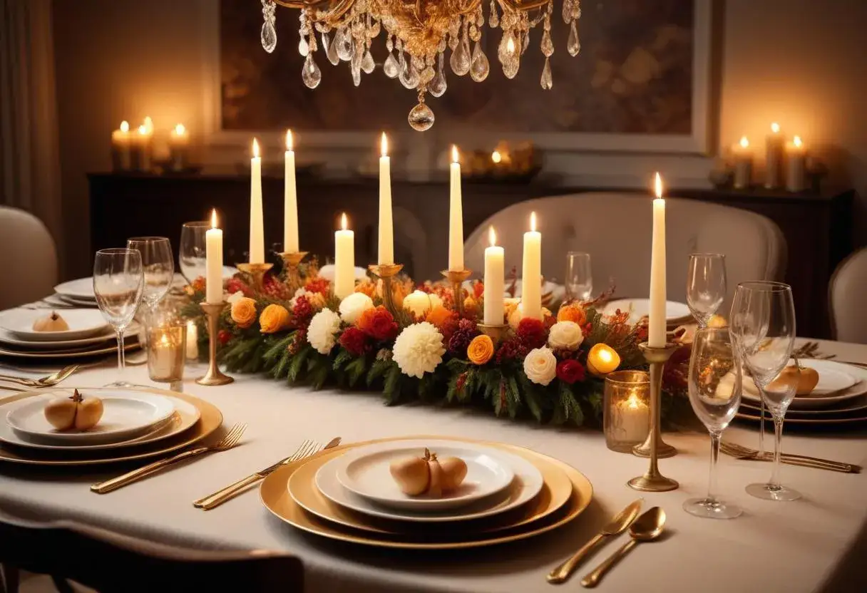 Ett vackert dukat bord med levande ljus och blommor. Perfekt f&ouml;r en middag med 100 roliga fr&aring;gor.