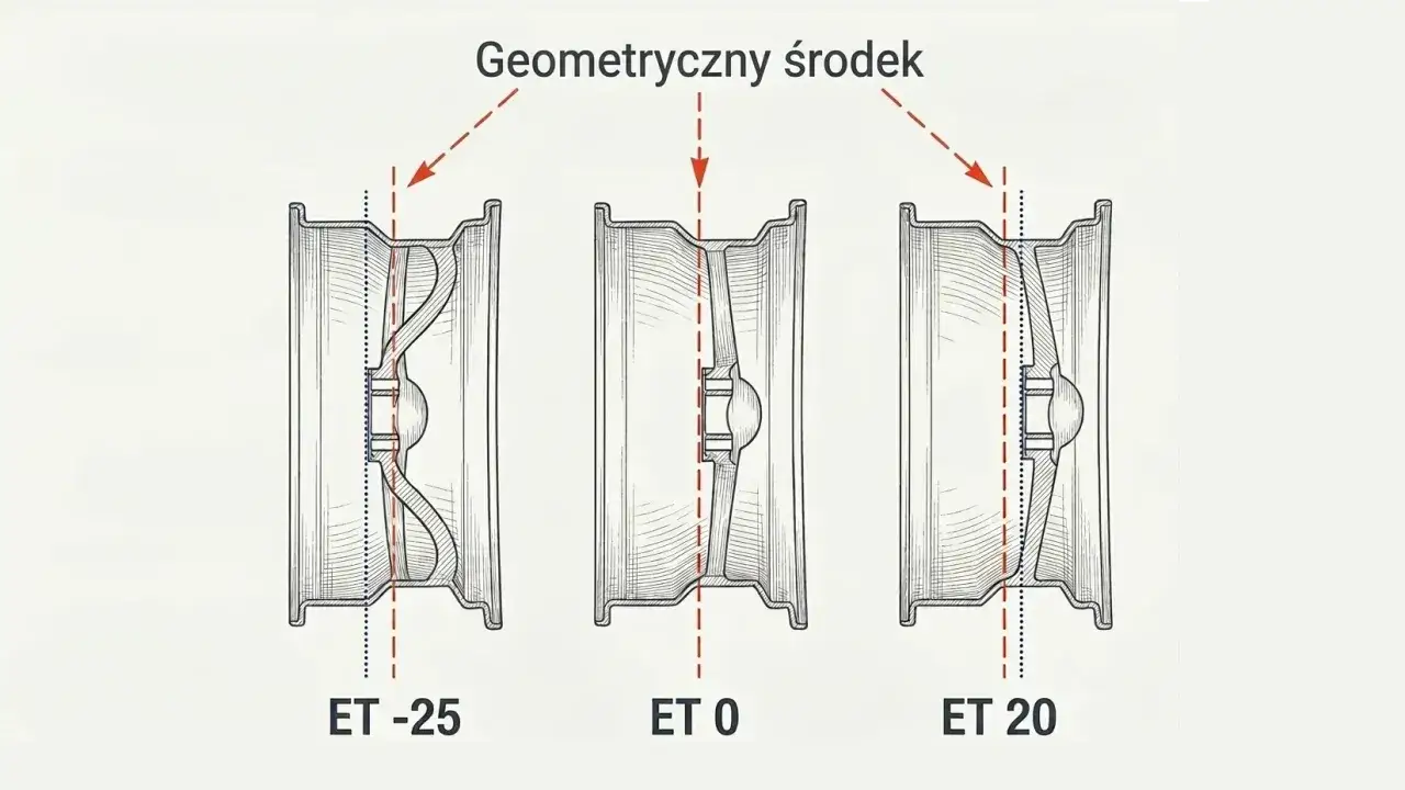 Ilustracja porównuje trzy felgi z różnym ET: -25, 0 i 20. Pokazuje, jak zmienia się położenie geometrycznego środka felgi względem jej płaszczyzny montażowej.