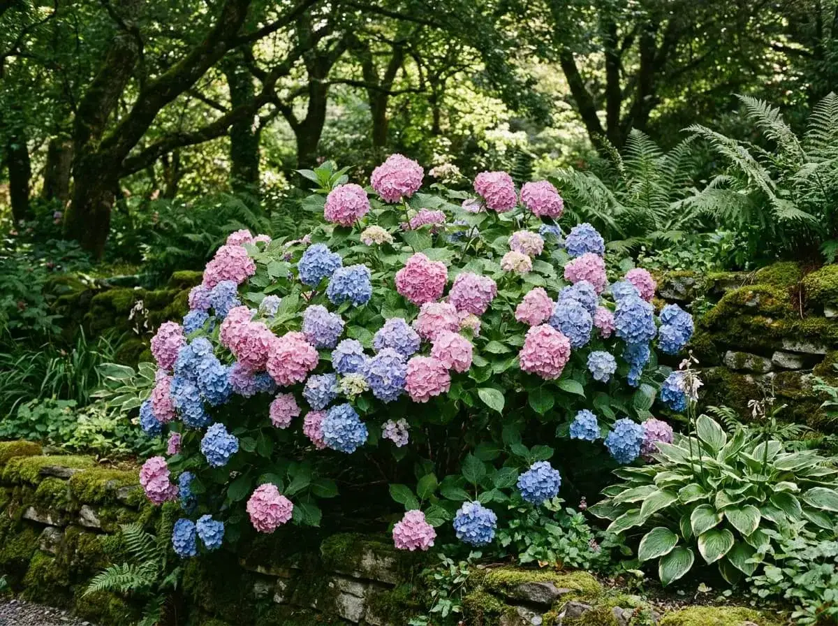 Un arbuste d'hortensias roses et bleus en pleine floraison, un spectacle magnifique quand fleurissent les hortensias.