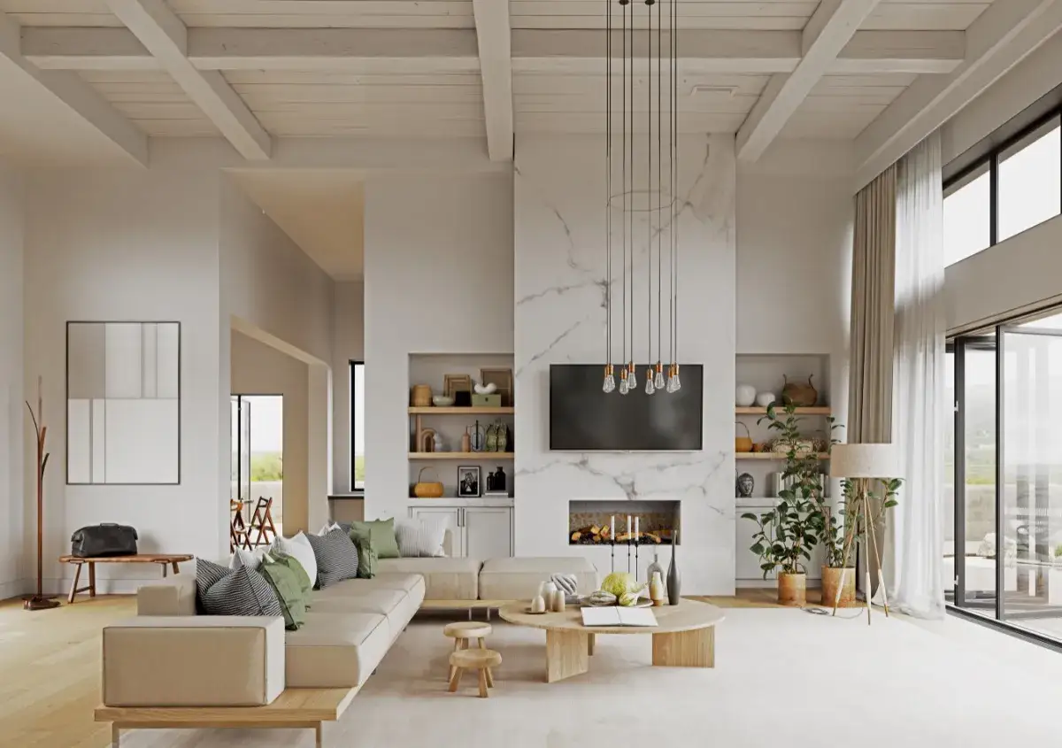 Soggiorno moderno con divano beige, camino in marmo e **bianco caldo pareti**. Luce naturale inonda lo spazio.