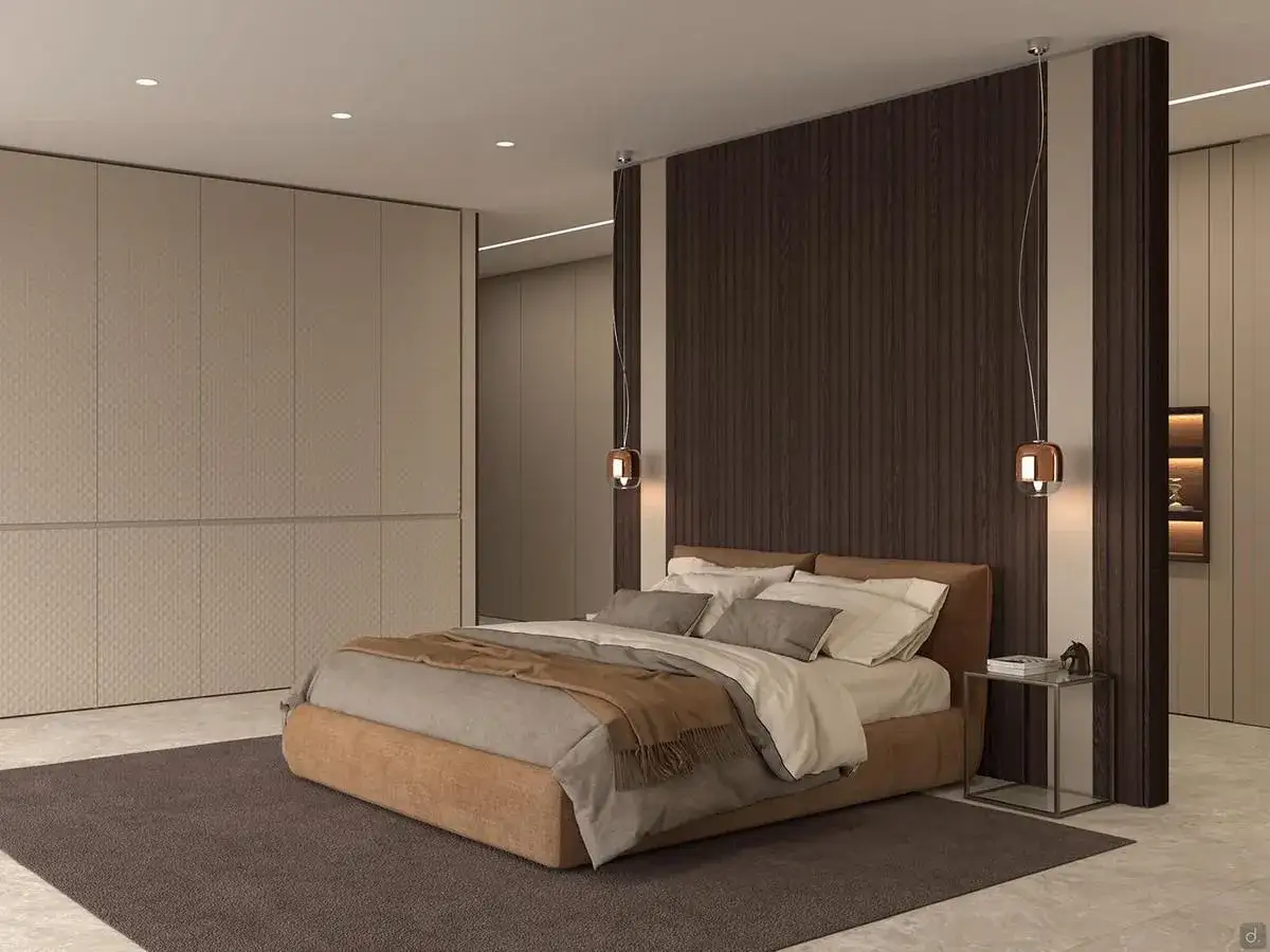 Camera da letto moderna con letto imbottito e testiera in impiallacciato rovere scuro. Armadi a muro color sabbia.