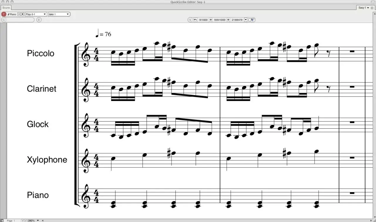 Partitura para piccolo, clarinete, glockenspiel y piano. La música incidental, como esta, acompaña la acción.