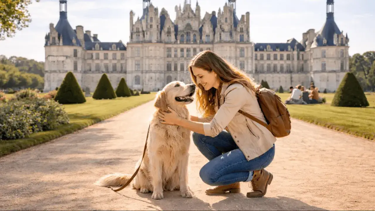 Une jeune femme câline son chien devant le majestueux château de Chambord, profitant d'une belle journée ensoleillée.