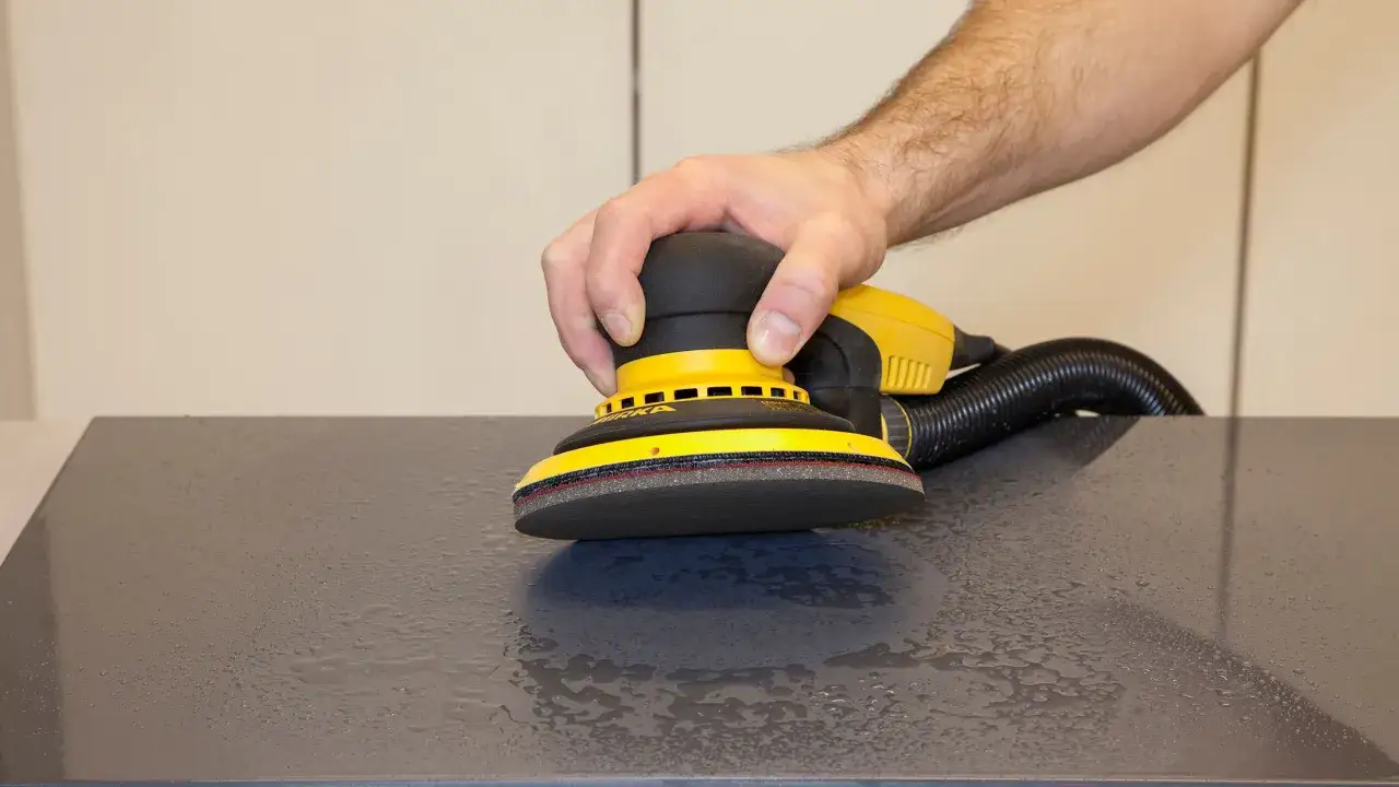 Main d'un homme utilisant une ponceuse orbitale pour nettoyer du bois apr&egrave;s pon&ccedil;age. La surface est mouill&eacute;e, pr&ecirc;te pour la finition.