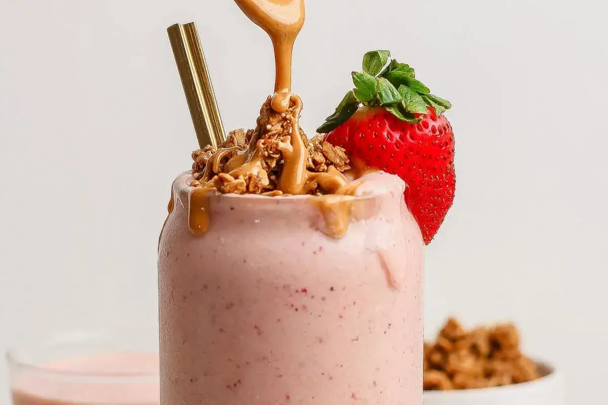 En krämig jordgubbssmoothie toppad med jordnötssmör, granola och en färsk jordgubbe. En riktigt nyttig smoothie för en energifylld start!
