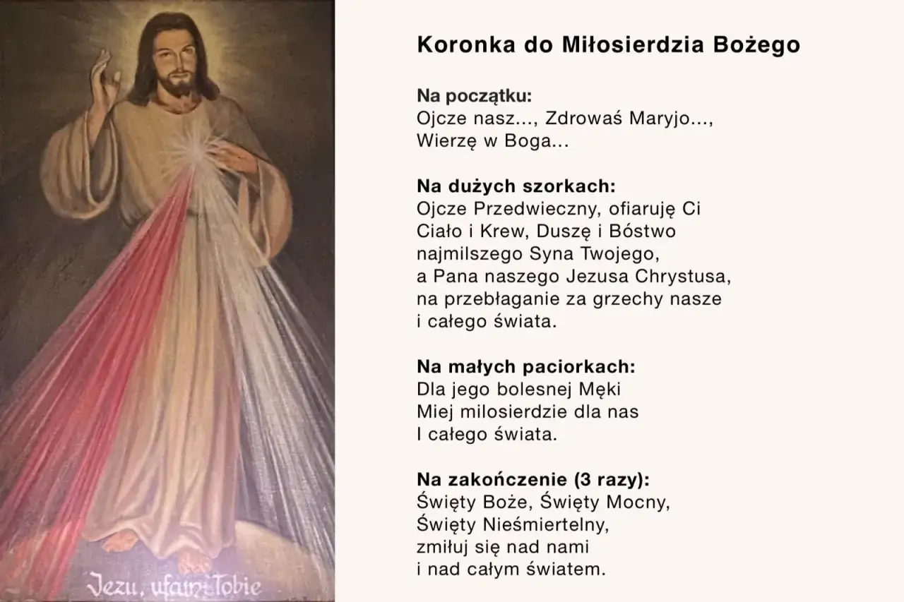 Obraz przedstawia Jezusa Miłosiernego, a obok tekst modlitwy