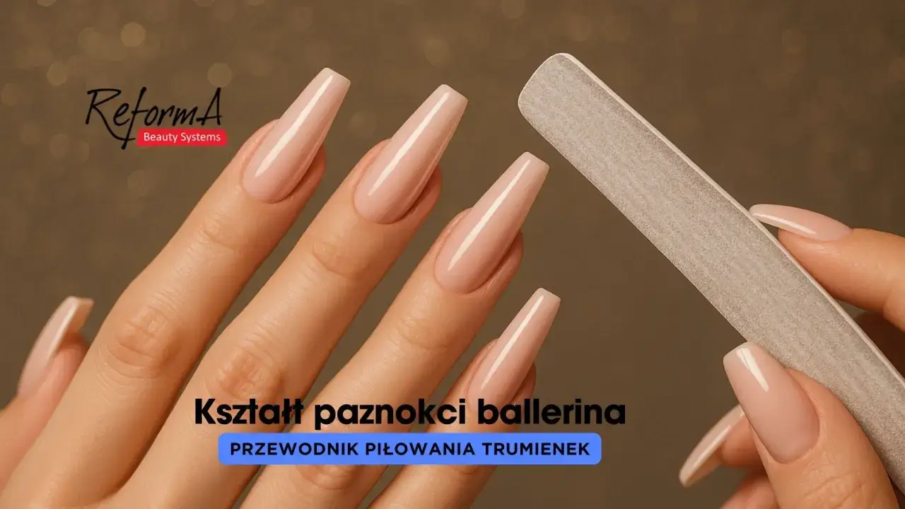 Długie, beżowe paznokcie o kształcie baleriny, idealnie opiłowane pilnikiem. Długość 2.