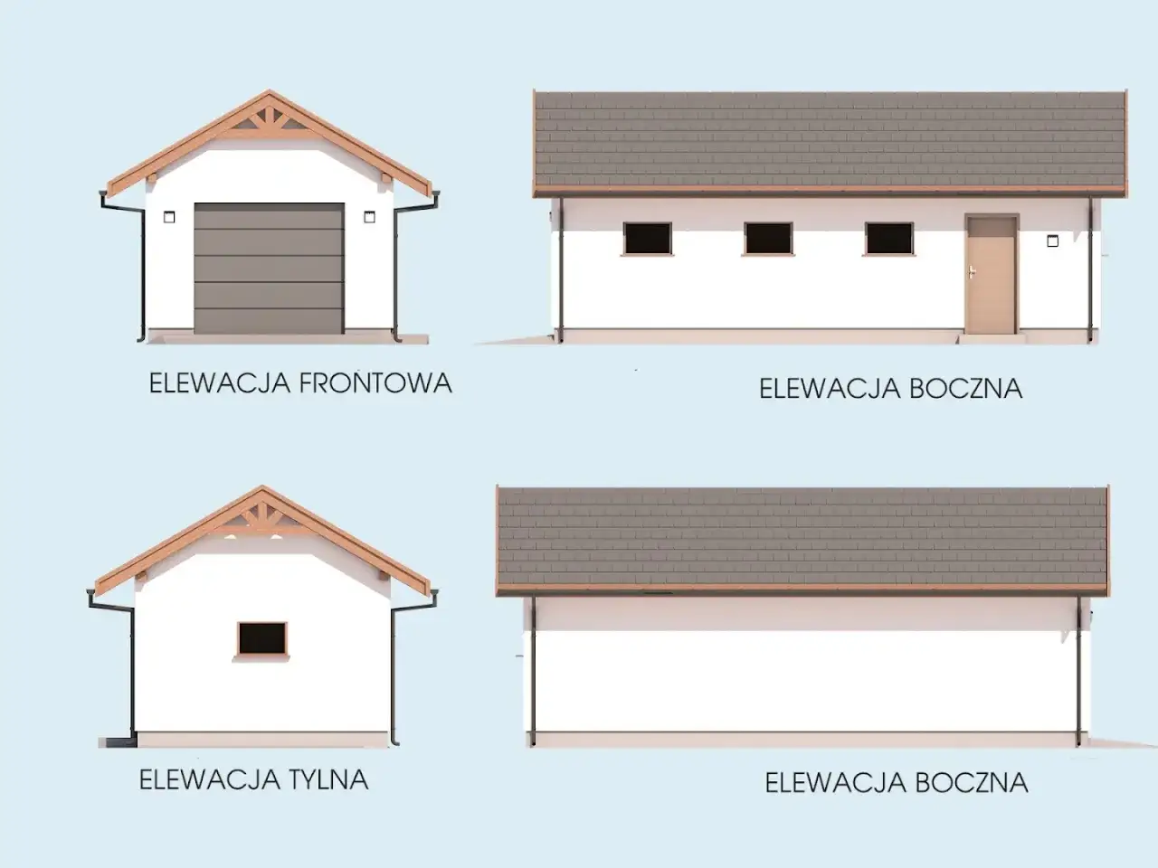 Projekt garażu drewnianego: elewacje frontowa, tylna i boczne z drzwiami i oknami.