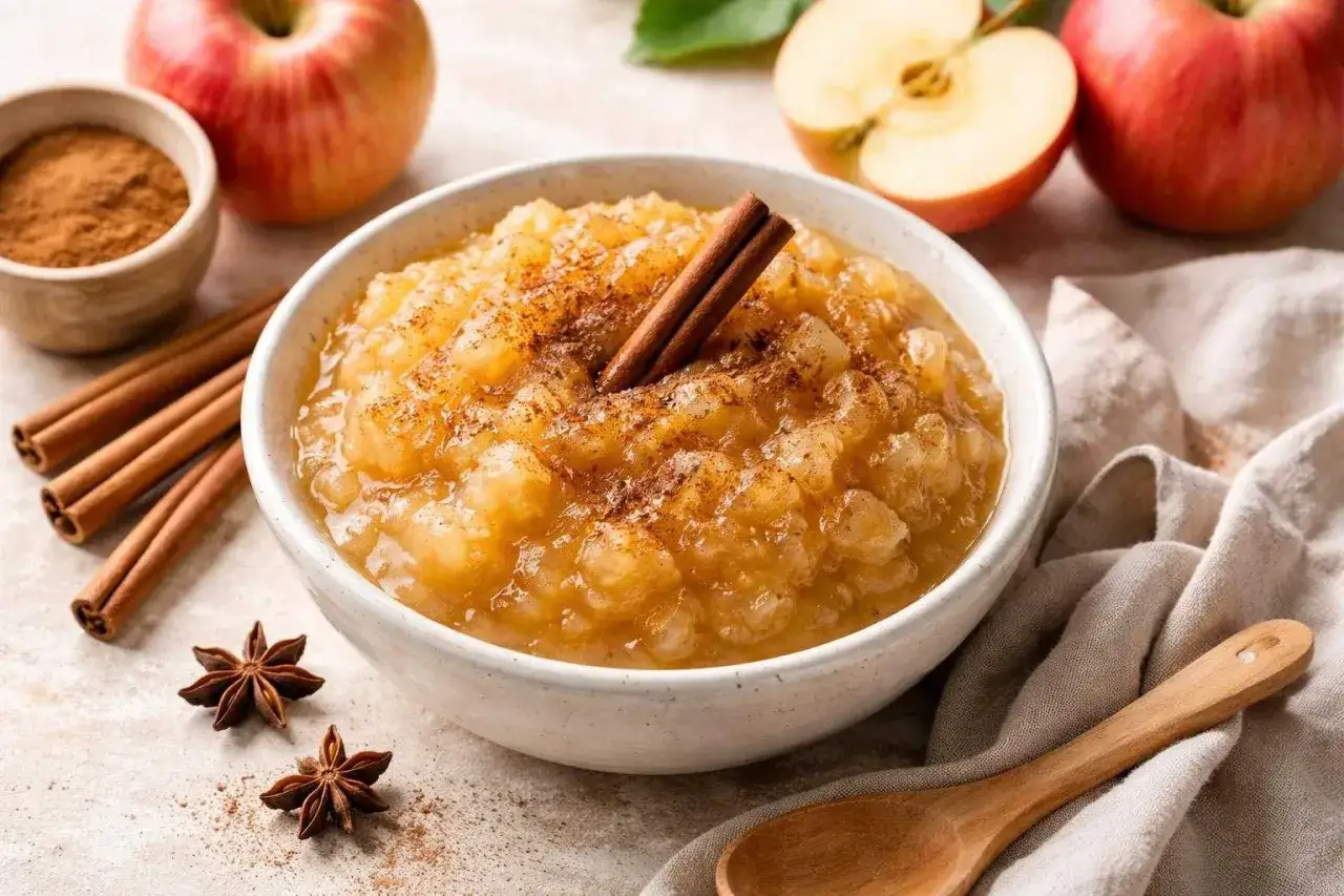 Délicieuse compote de pommes maison, parfaite pour une recette compote pomme sans sucre sans beurre. Garnie de bâtons de cannelle et d'anis étoilé.