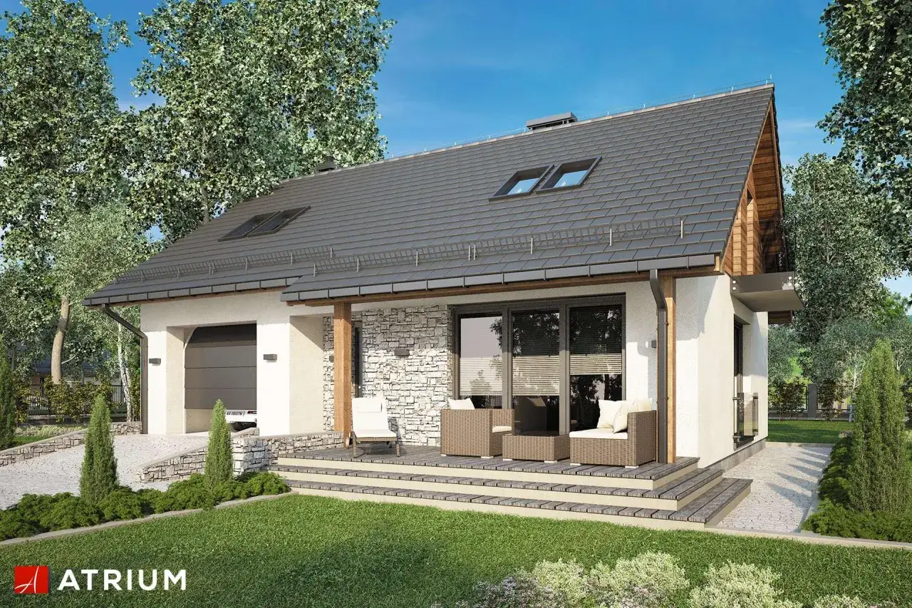 Nowoczesny projekt domu 40m2 z poddaszem, z garażem i tarasem. Idealny dla pary.