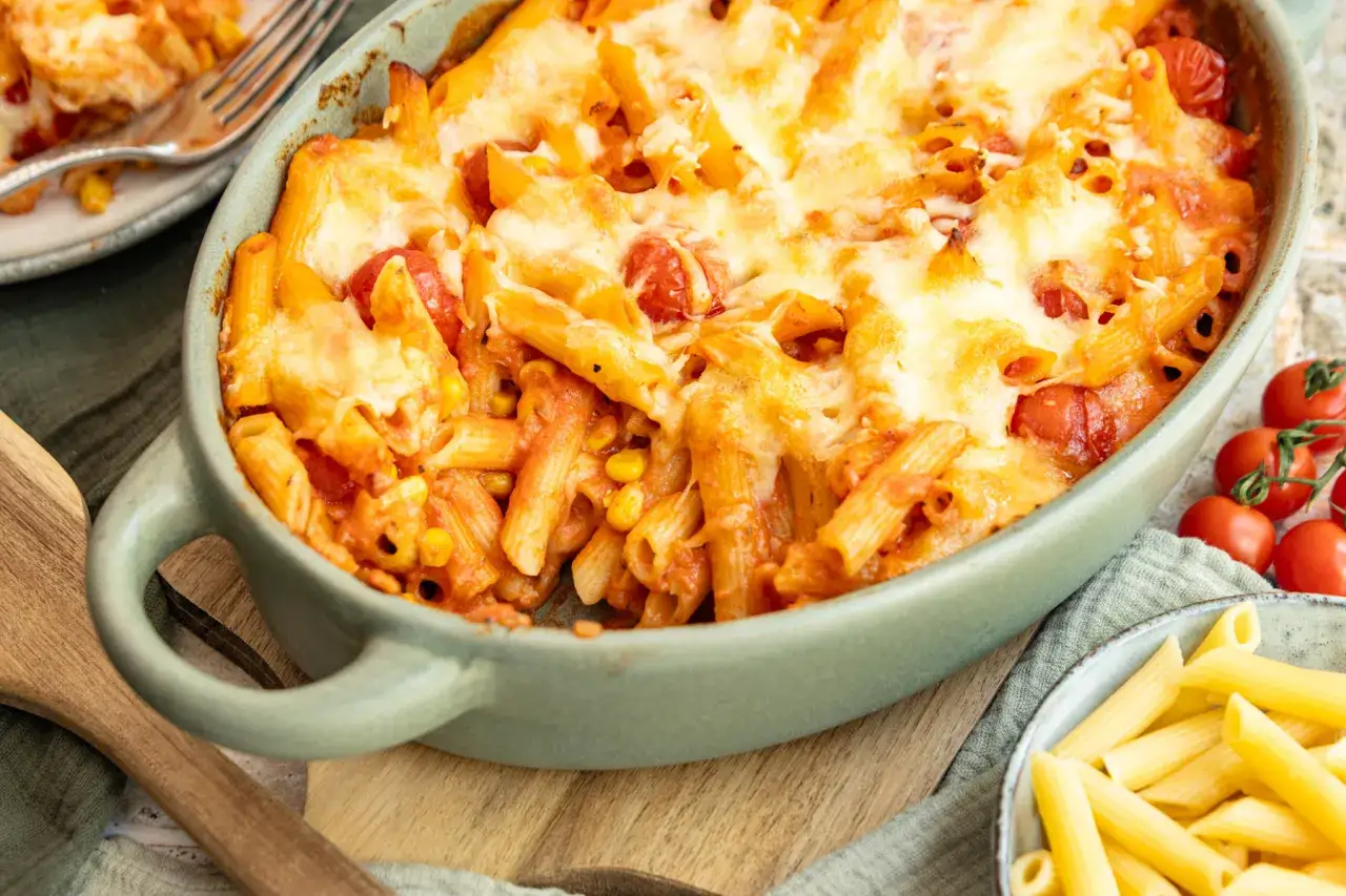 Ein k&ouml;stlicher, &uuml;berbackener nudelauflauf vegetarisch mit Tomaten und Mais, bedeckt mit geschmolzenem K&auml;se.
