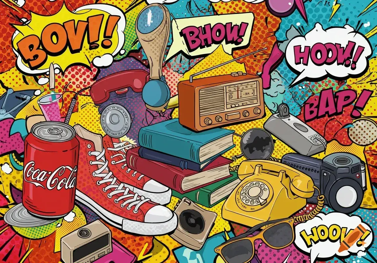 Pop Art Ideen: Bunte Comic-Collage mit Retro-Objekten wie Coca-Cola-Dose, Turnschuhen, Telefonen, Radio und Kameras.
