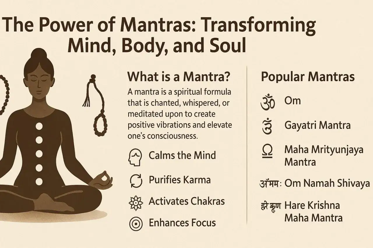 En illustration visar en person i meditationsst&auml;llning. Texten f&ouml;rklarar vad en mantra &auml;r inom hinduismen och listar popul&auml;ra mantran som Om och Gayatri Mantra.