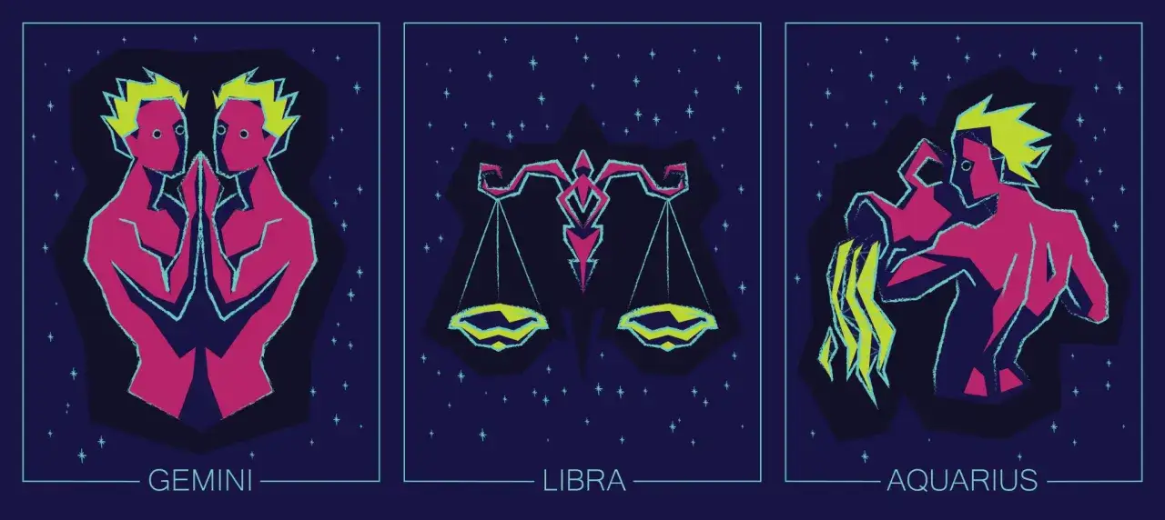 Stylizowane znaki zodiaku: bliźnięta, waga i wodnik na tle nocnego nieba.