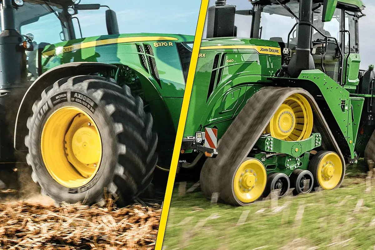 Dwa zielone John Deere, jeden na kołach, drugi na gąsienicach. Czy to dowód, jaka marka ciągnika jest najlepsza?
