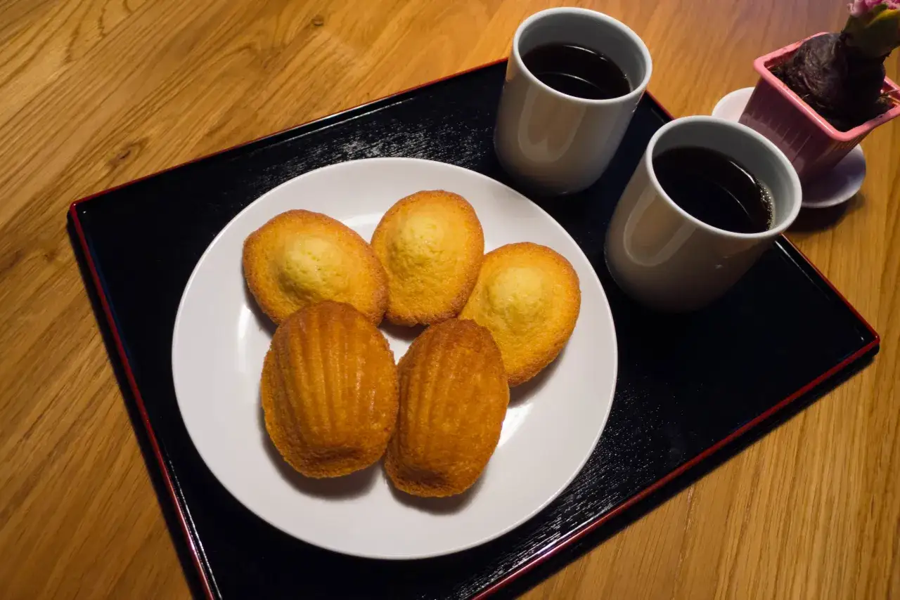 F&uuml;nf goldbraune Madeleines auf einem Teller, dazu zwei Tassen Kaffee und eine kleine Pflanze. Perfekt zum Madeleines essen.