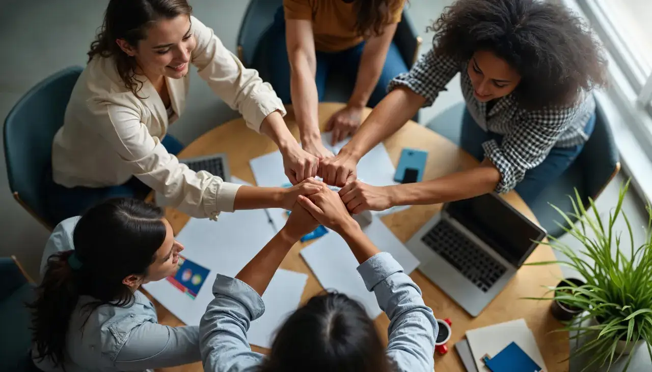 Equipo uniendo sus manos en un c&iacute;rculo, demostrando sus competencias claves de colaboraci&oacute;n y trabajo en equipo.