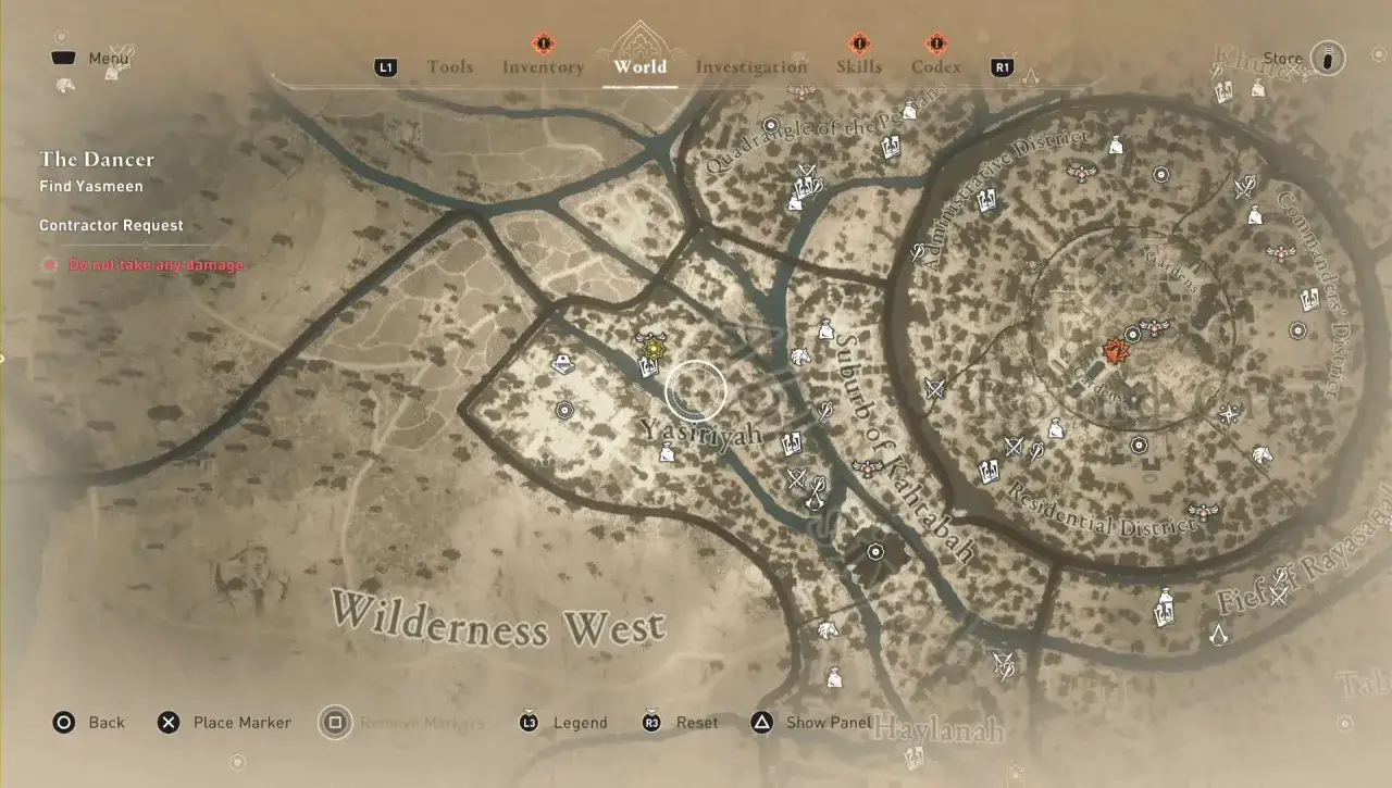 Mapa Assassin's Creed Mirage, z zaznaczonymi zadaniami i zagadkami w dzielnicy Yasiriyah.