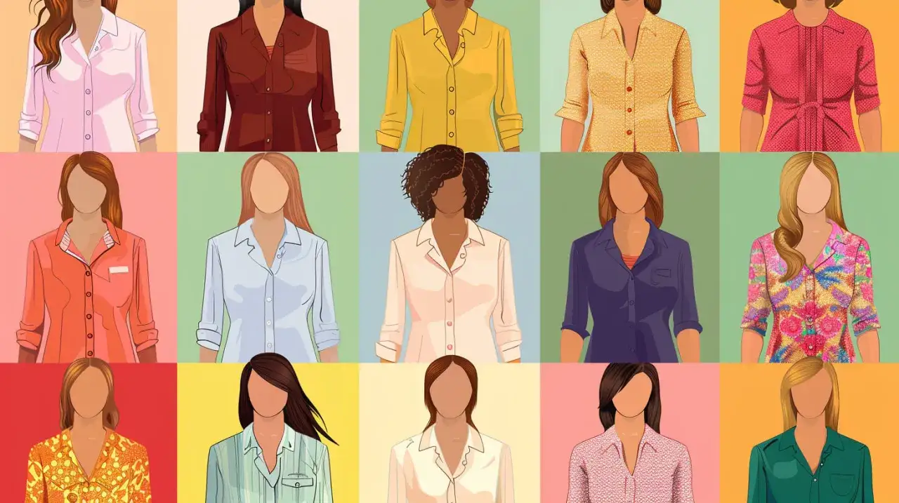 Ilustración de mujeres con diferentes estilos de blusa, cada una en un panel de color.