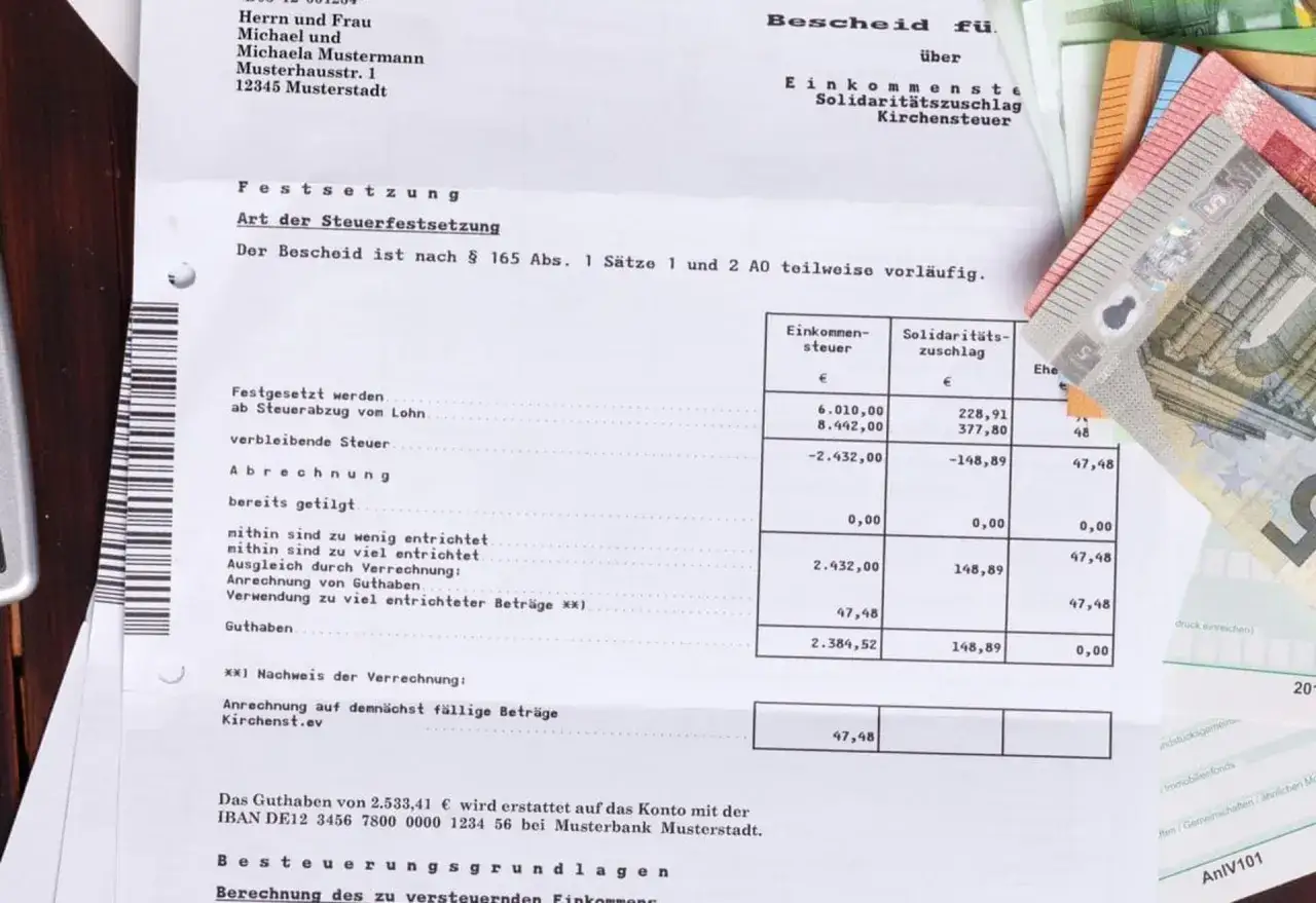 Steuerbescheid mit Geldscheinen. Eine Tabelle zeigt Einkommensteuer und Solidarit&auml;tszuschlag. M&ouml;gliche Ratenzahlung Finanzamt ist hier kein Thema, da Guthaben erstattet wird.
