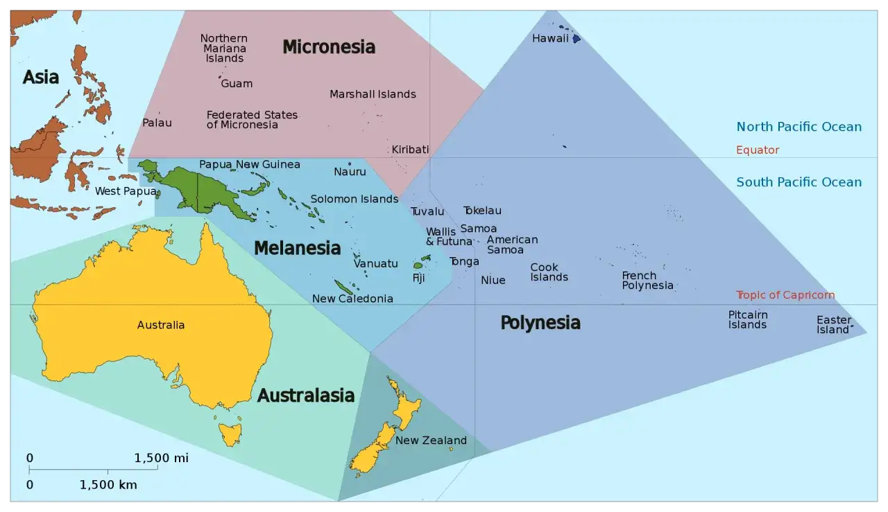 Mapa Oceanii z zaznaczonymi krajami i wyspami