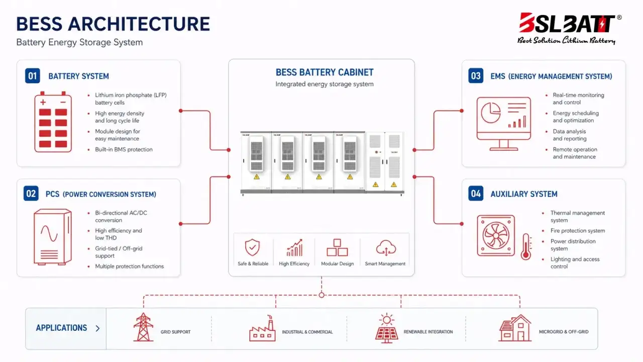 Schemat BESS: system baterii, konwersja mocy, zarządzanie energią (EMS) i system pomocniczy. Dowiedz się, bms co to jest – ochrona wbudowana w system baterii.