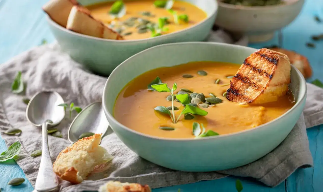 Cremige Kürbissuppe mit geröstetem Brot und Kürbiskernen. Eine leichte Mahlzeit, die bei Darmentzündung gut verträglich ist.