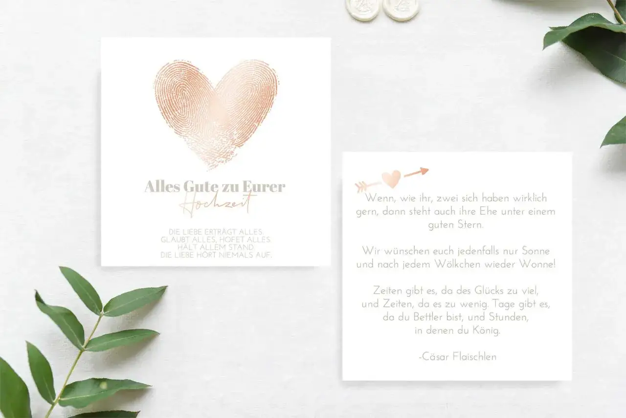 Hochzeitskarte mit Herz aus Fingerabdr&uuml;cken und Spruch zum Hochzeitskarte schreiben.