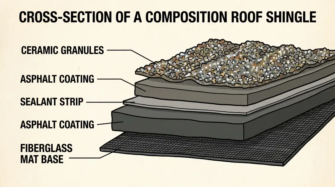 Cross-section of a shingle roof, showing ceramic granules, asphalt coating, sealant strip, and fiberglass mat base.