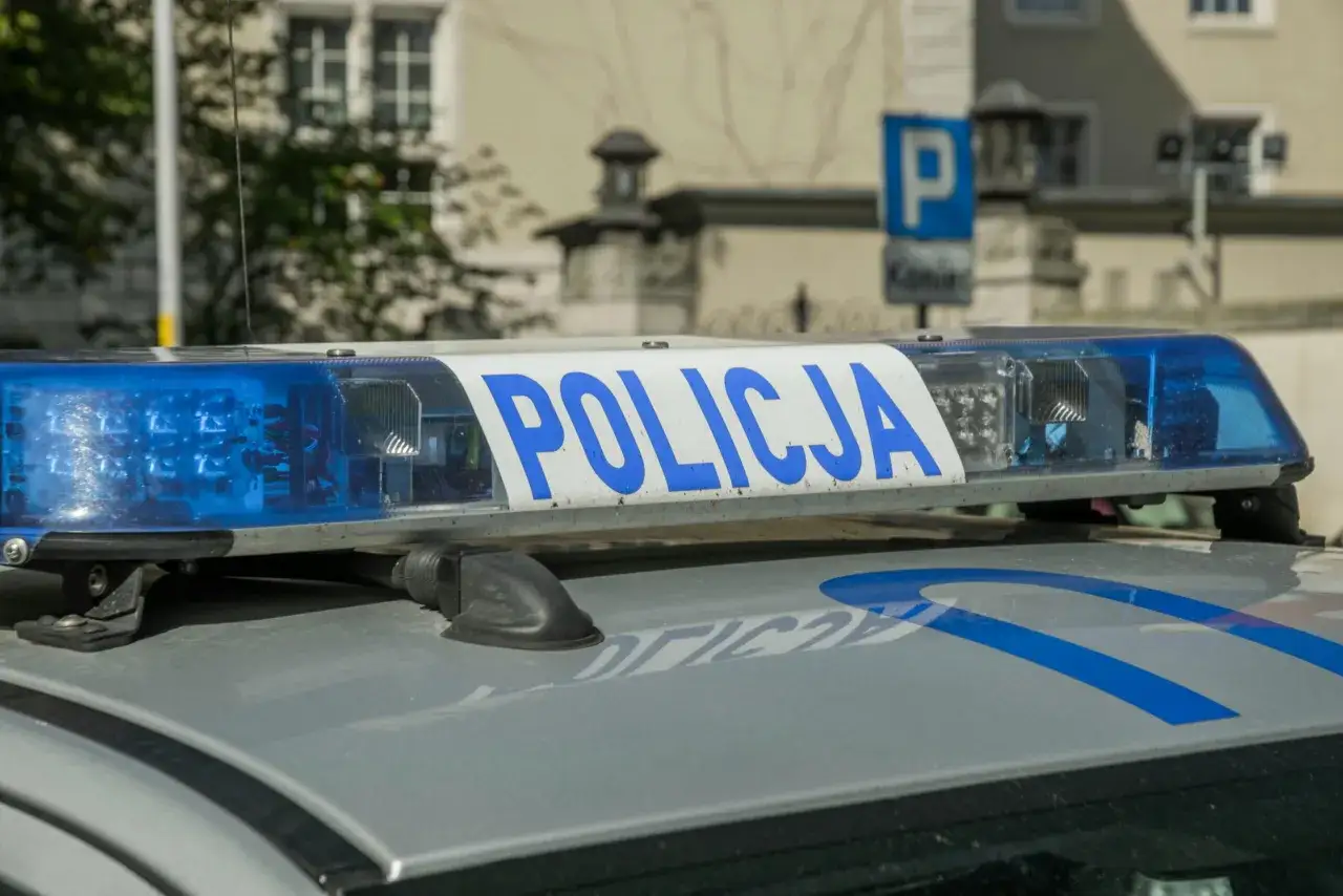 Niebieskie światła policyjne na dachu radiowozu. Kierowca bez ważnego przeglądu może otrzymać mandat.