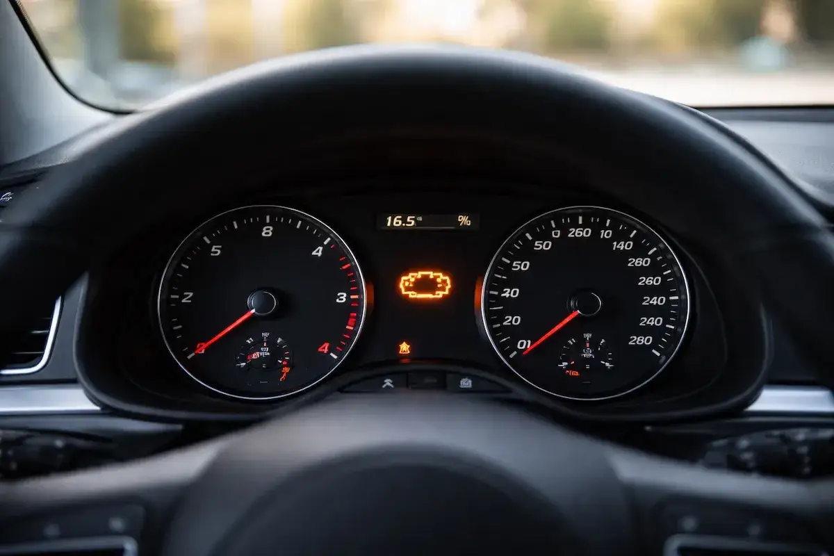 Cruscotto auto con spia motore accesa, indicando un'anomalia al differenziale.