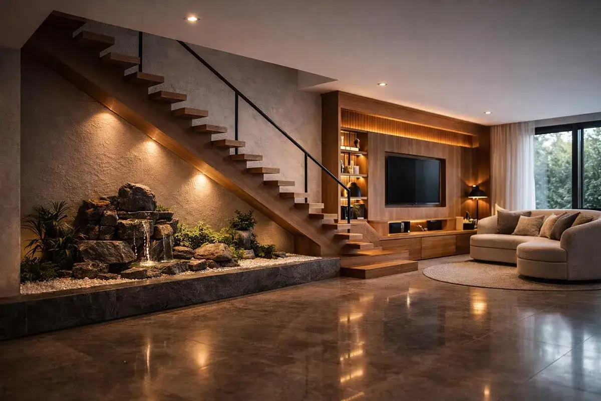A modern living room features a floating wooden staircase, a small indoor waterfall, and a cozy seating area with a TV. The stairwell vs staircase design creates a unique focal point.