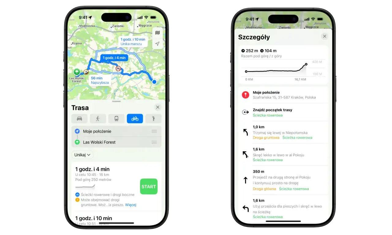 Aplikacja na rower iPhone pokazuje trasę z zaznaczonymi ścieżkami rowerowymi i informacjami o przewyższeniu.
