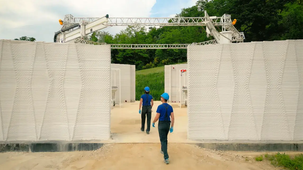 Due operai camminano verso una casa costruita con stampante 3d, le cui pareti mostrano la texture stratificata della stampa.