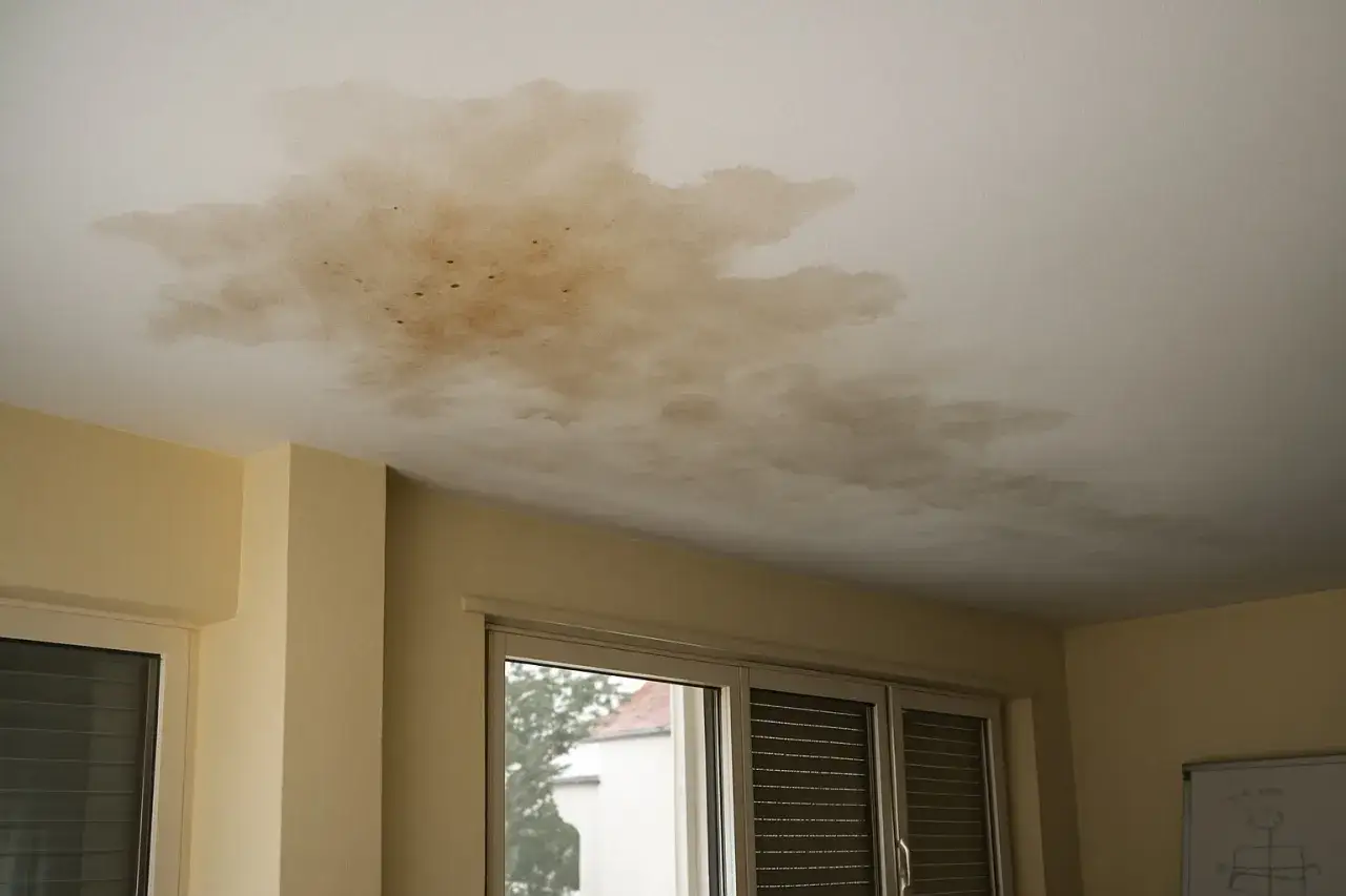 Taches brunes sur un plafond blanc, signe d'une infiltration terrasse. L'eau a traversé le plafond, laissant des traces inquiétantes.
