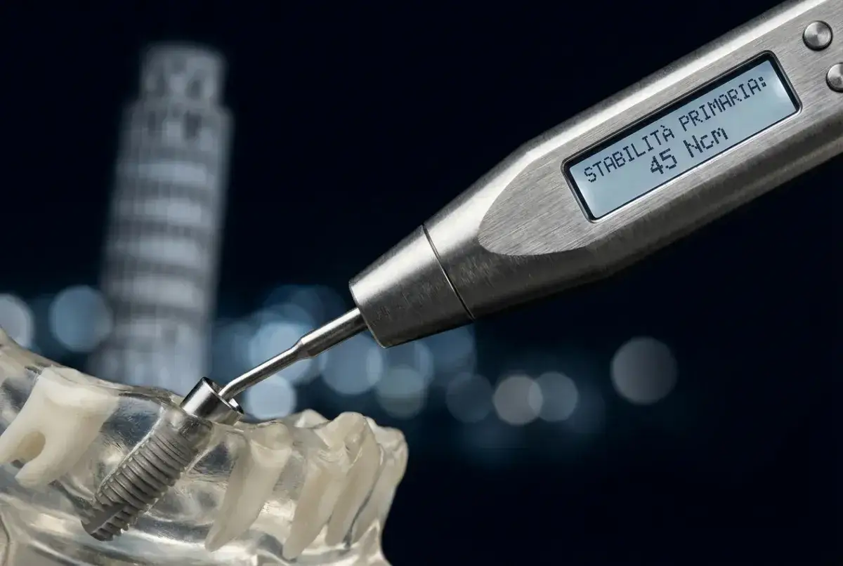 Strumento dentistico misura stabilità impianto dentale. L'implantologia a carico immediato ha controindicazioni da valutare.