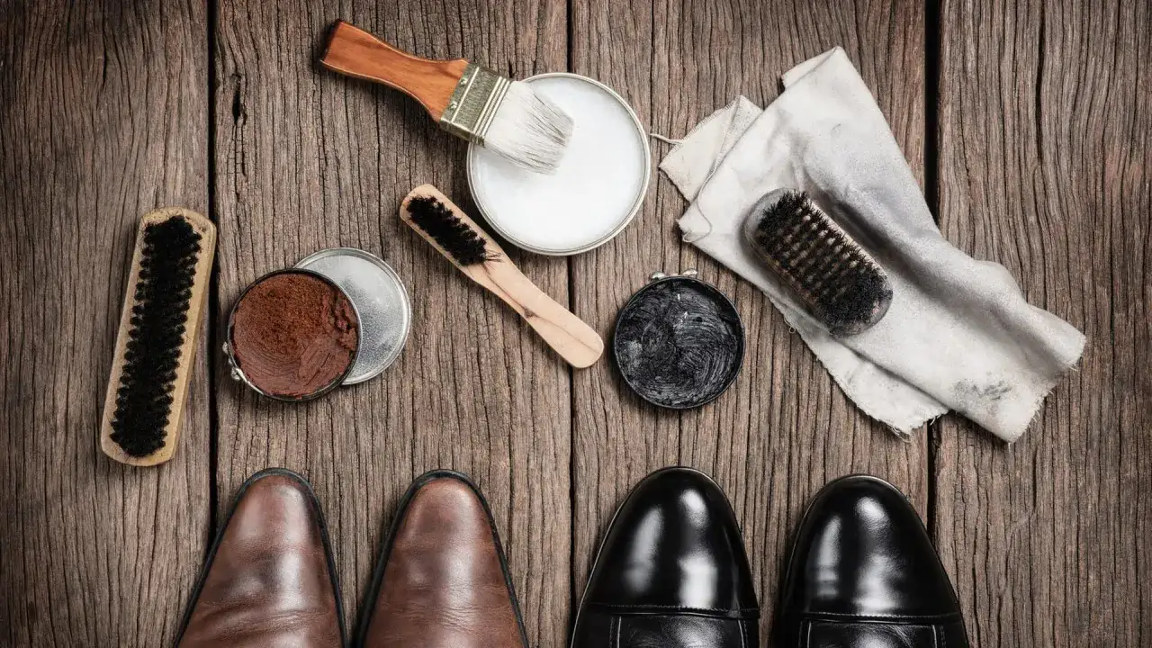 Zwei Paar elegante Schuhe, braune Lederschuhe pflegen mit B&uuml;rsten und Schuhcreme auf Holzhintergrund.