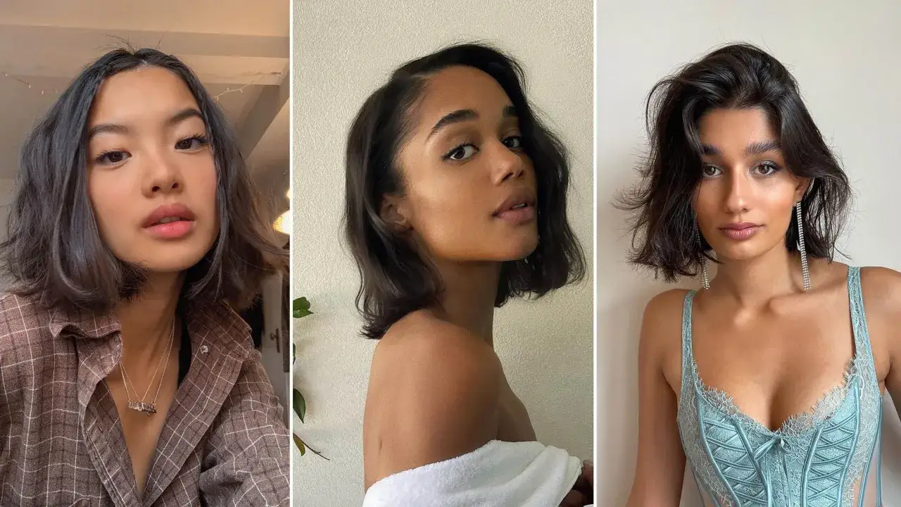 Tres mujeres con cabello casta&ntilde;o y **permanente ondulada**. Una lleva una camisa a cuadros, otra una toalla blanca y la tercera un cors&eacute; azul.