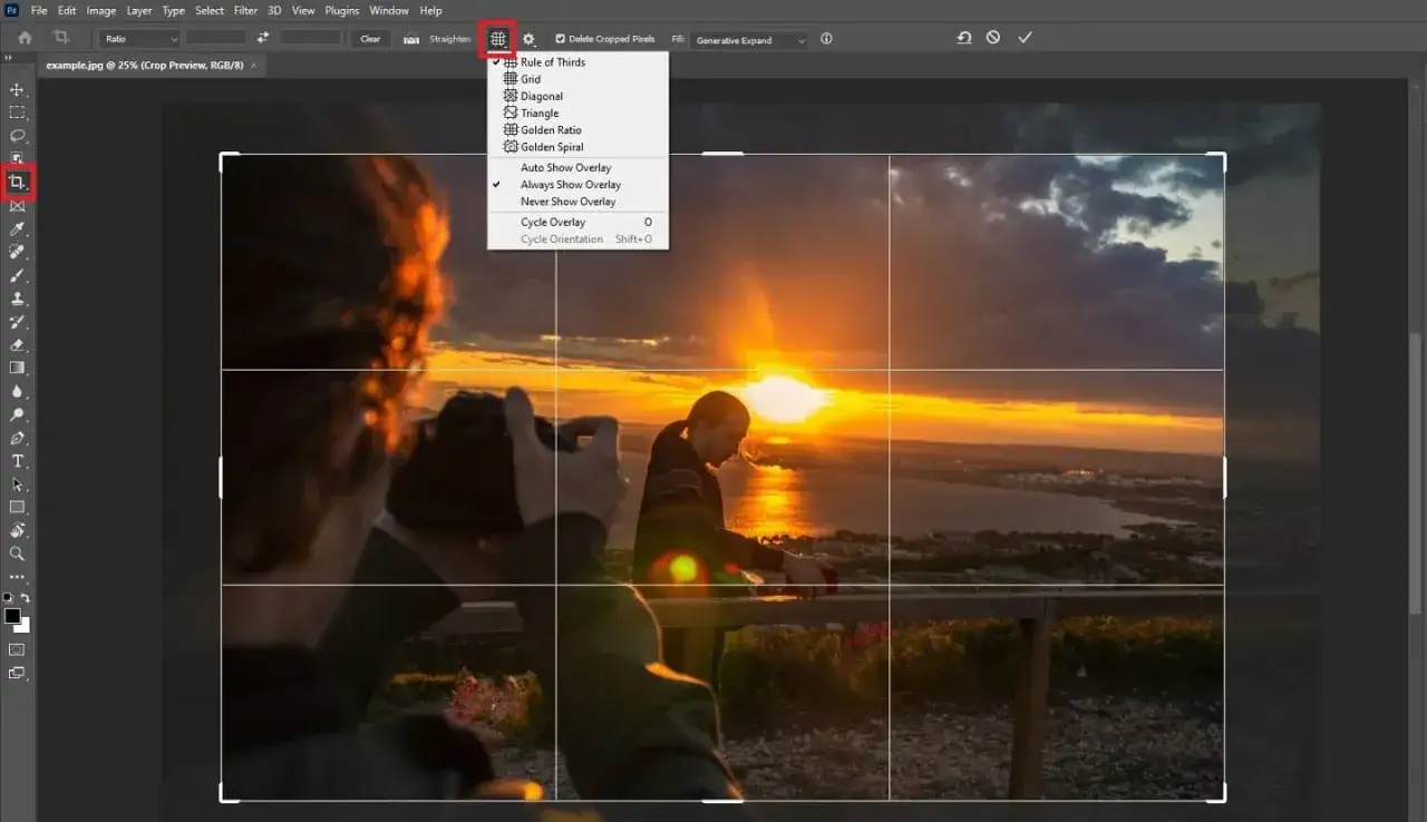 Interfaccia di Photoshop per ritagliare immagine, con la griglia