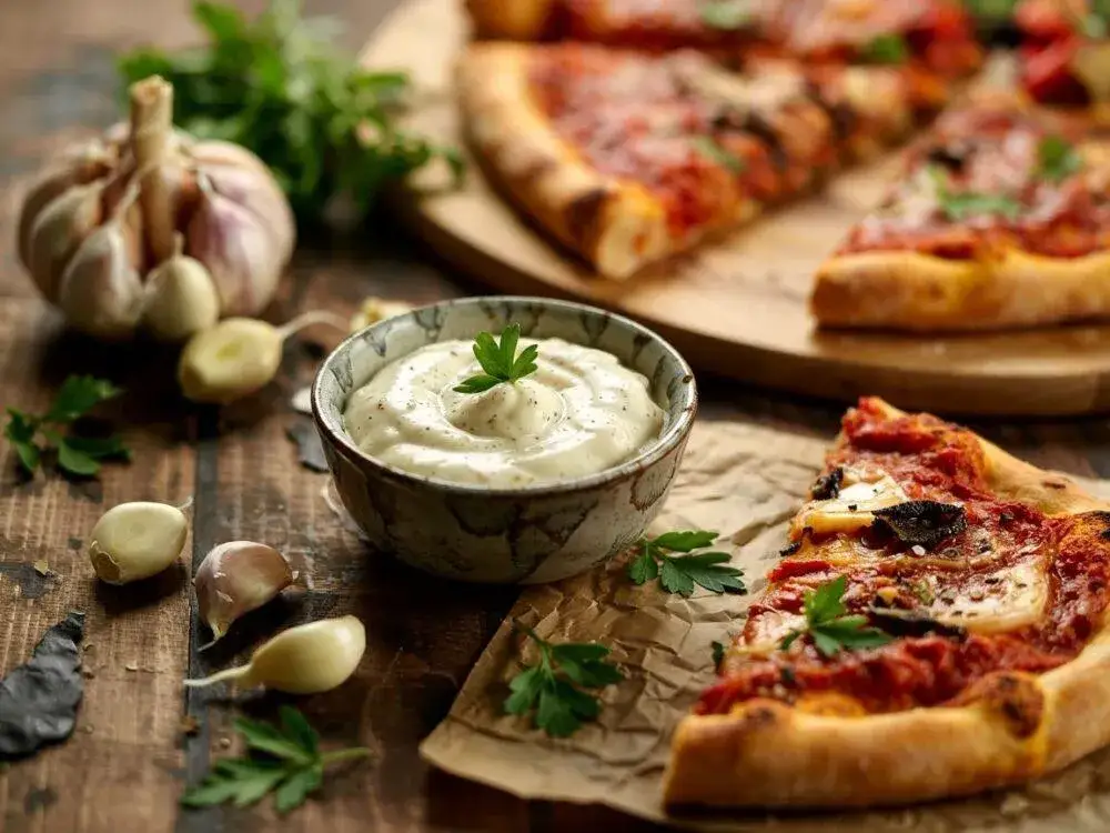 Sos czosnkowy do pizzy w miseczce z ziołami