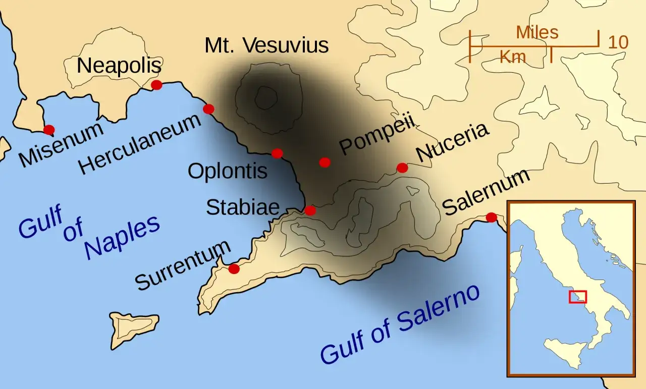 Mapa okolic Wezuwiusza, pokazująca Neapol, Pompeje i inne miasta wzdłuż linii kolejowej Circumvesuviana.