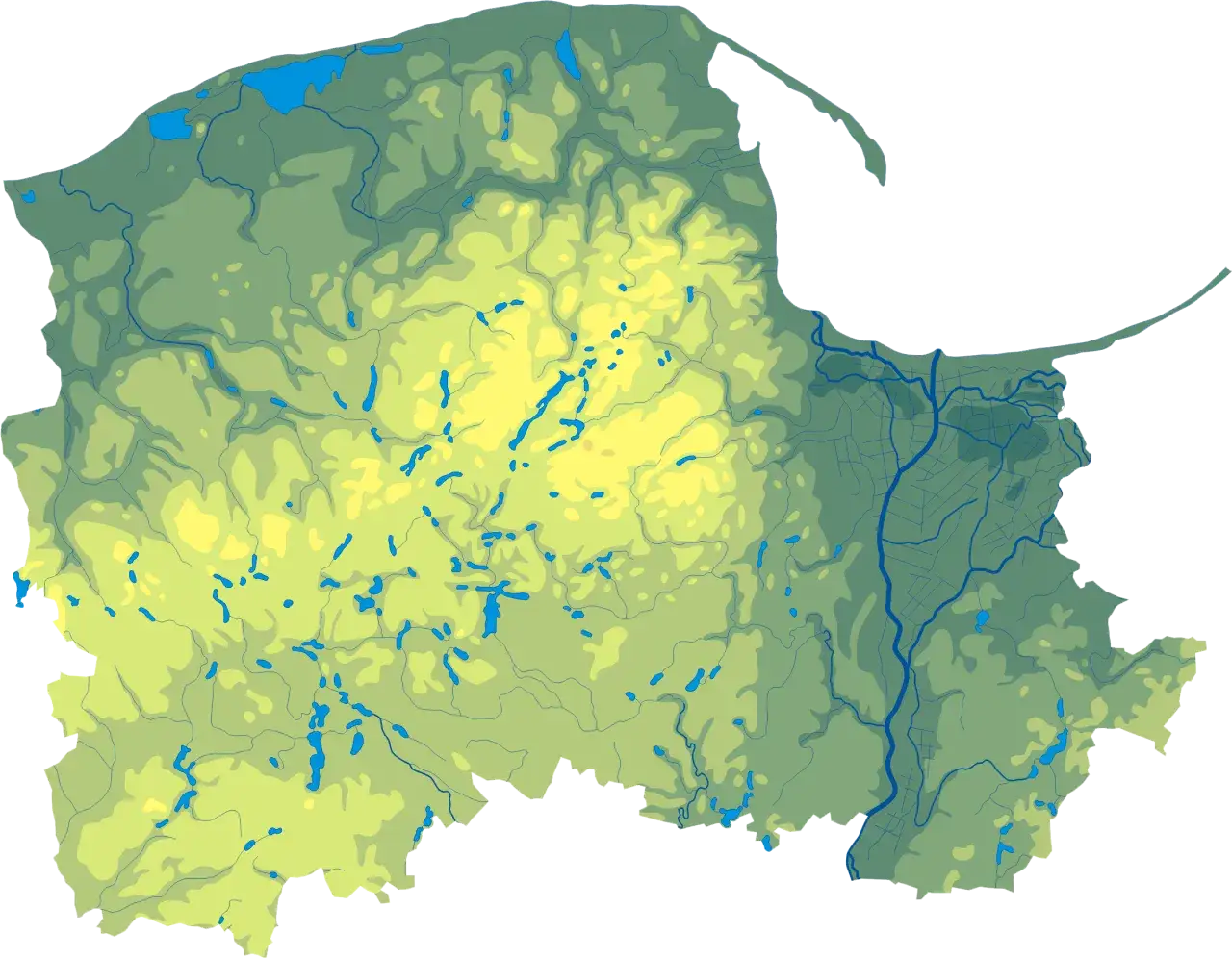 Mapa województwa pomorskiego z zaznaczonymi jeziorami