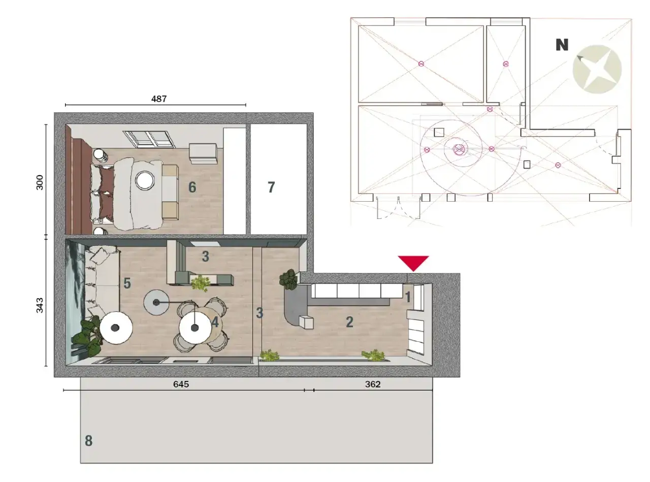 Progetto casa 50 mq: rendering di un appartamento con zona giorno, cucina, camera da letto e bagno. In alto, la planimetria con orientamento.