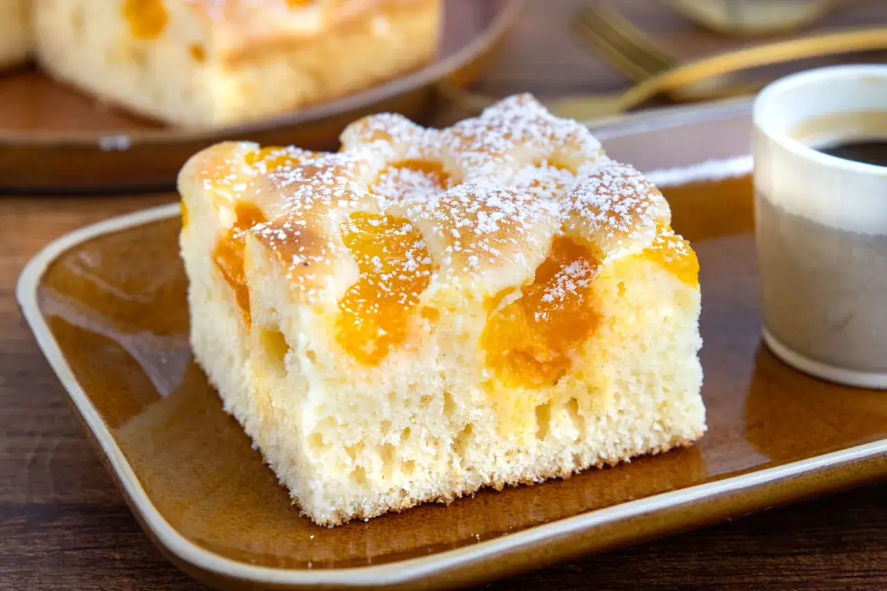 Ein Stück saftiger Buttermilchkuchen mit Mandarinen, bestäubt mit Puderzucker, serviert auf einem braunen Teller neben einer Tasse Kaffee.
